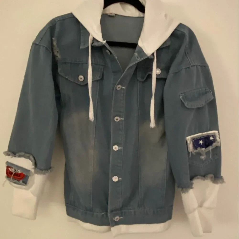 Denim Anime Embroidered Hoodie Jean Jacket Teen Unisex Size Small